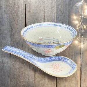 Vintage Chinese‎ Porcelain Rice Grain Bowl And Spoon Decorated Bowl With Sticker